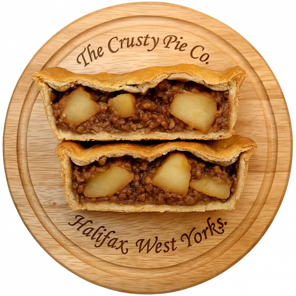 Meat and potato pie sliced in half.